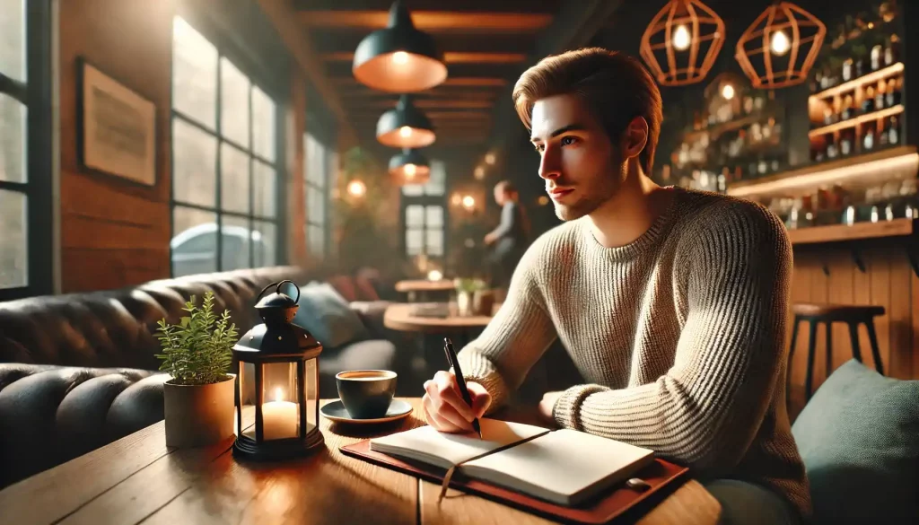 A young man sitting in a cozy café, writing in a journal while reflecting on his personal growth journey.