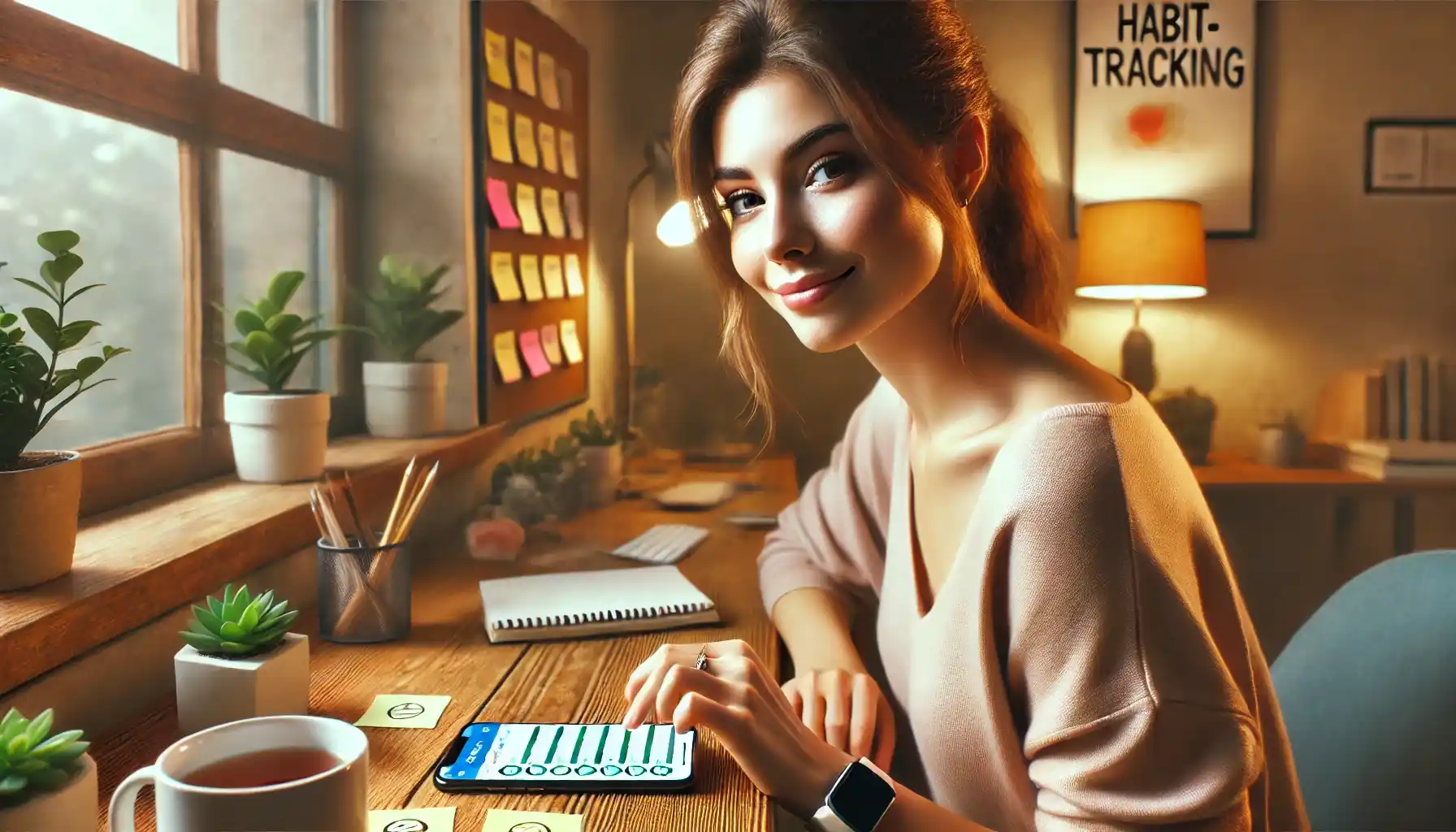 A young woman in a cozy home office, sitting at a wooden desk, tracking her progress on a habit-tracking app on her smartphone. 