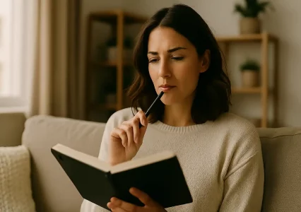 A woman reflecting thoughtfully as she writes in a notebook, symbolizing self-assessment and the beginning of her personal transformation.