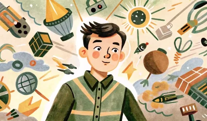 a young man around whom very different objects are flying chaotically