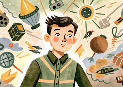 a young man around whom very different objects are flying chaotically